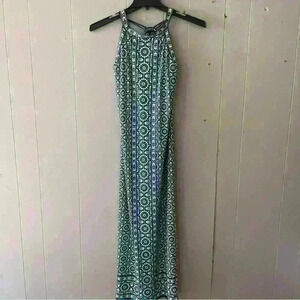 Max Studio Green Blue  Knit Print Stretch  Sleeveless Dress Medium Halter